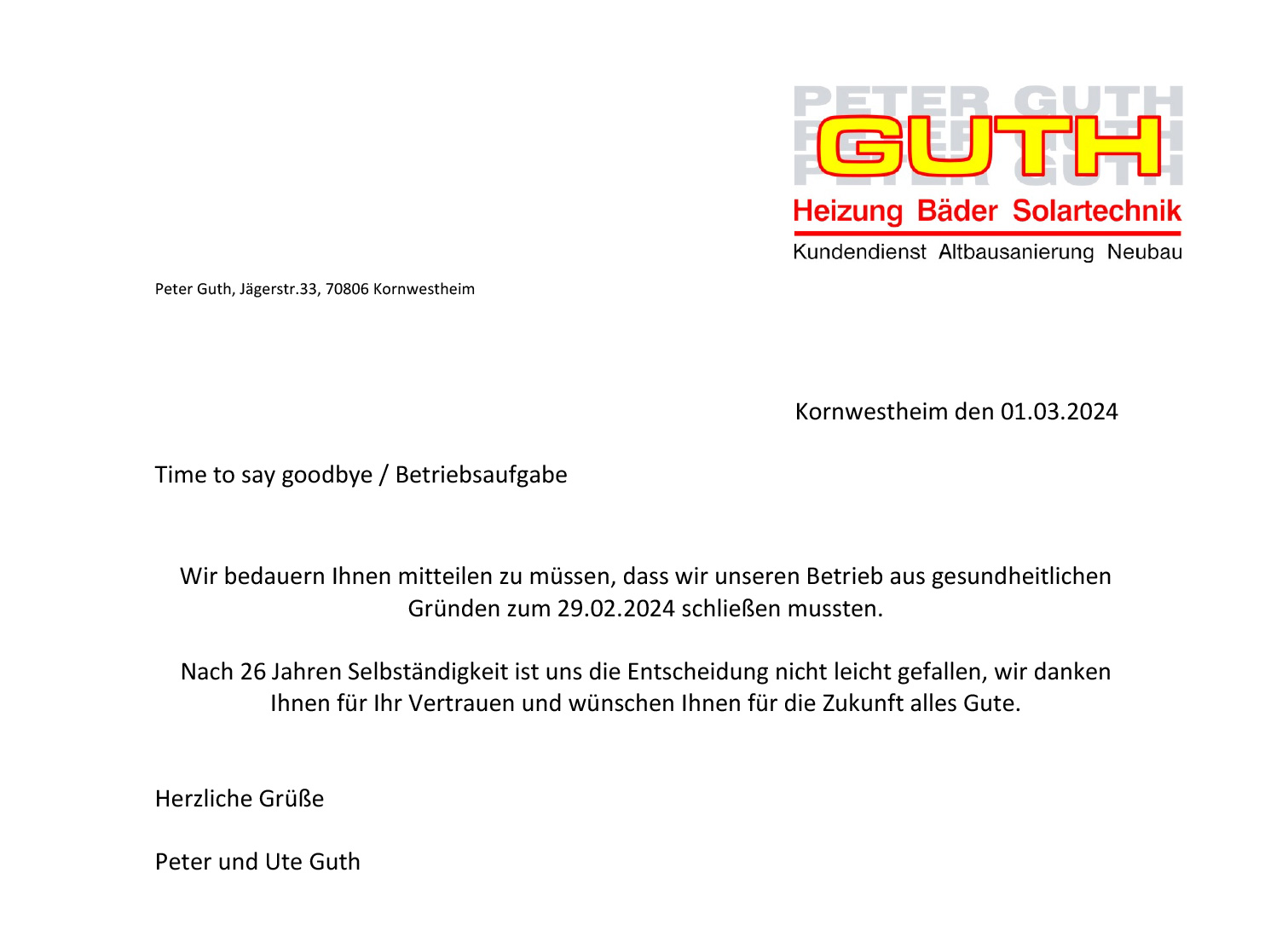Guth Kornwestheim  Betriebsschließung